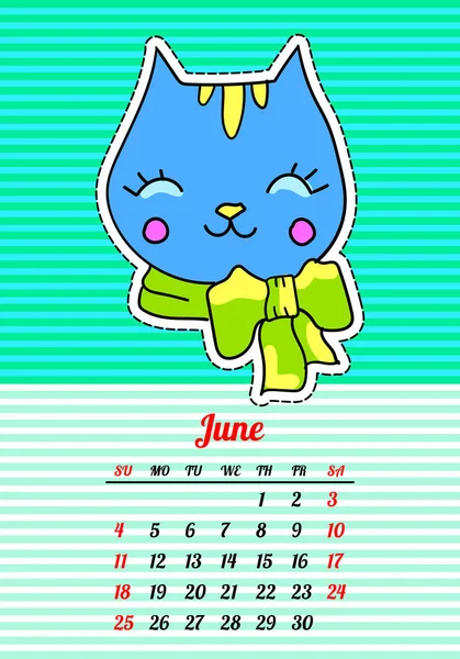 Calendario 2017 con gatos. Junio. En dibujos animados 80s-90s estilo cómico parches de moda, alfileres y pegatinas. Ilustración del vector del arte pop. Colores de moda — Vector de stock