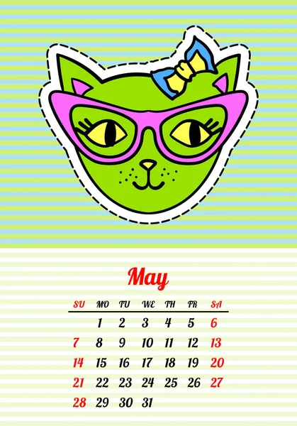 Calendrier 2017 avec chats. Mai. Dans le dessin animé des années 80-90 patchs de mode de style comique, épingles et autocollants. Illustration vectorielle du pop art. Couleurs tendance — Image vectorielle