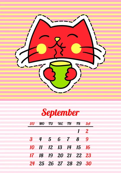 Calendario 2017 con gatti. Settembre. Nei cartoni animati anni '80-' 90 patch di moda stile comico, spilli e adesivi. Illustrazione vettoriale della Pop Art. Colori di tendenza — Vettoriale Stock