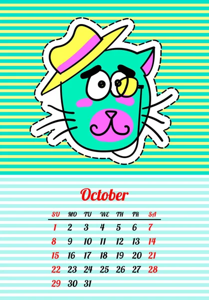 Kalender 2017 mit Katzen. Oktober. im Cartoon-Stil der 80er-90er Jahre Modeaufnäher, Pins und Aufkleber. Pop Art Vektor Illustration. Trendfarben — Stockvektor