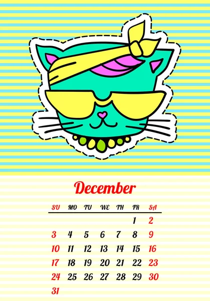 Naptár 2017-val macskák. December. A karikatúra, képregény stílus divat foltok, a csapok és a matricák 80-as 90-es évek. Pop-art vektoros illusztráció. Divatos színek — Stock Vector