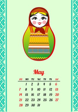 İç içe geçmiş bebek 2017 ile takvim. Matryoshka farklı Rus ulusal süs. Tasarım. Olabilir. Vektör çizim
