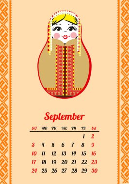 İç içe geçmiş bebek 2017 ile takvim. Eylül. Matryoshka farklı Rus ulusal süs. Tasarım. Vektör çizim