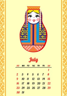 İç içe geçmiş bebek 2017 ile takvim. Matryoshka farklı Rus ulusal süs. Tasarım. Temmuz. Vektör çizim