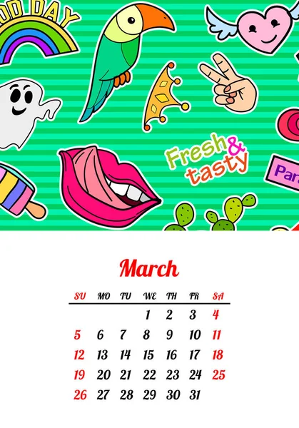 Kalender 2017 im Comic-Stil der 80er-90er Jahre mit modischen Patches, Pins und Aufklebern. Pop Art Vektor Illustration. Trendfarben — Stockvektor