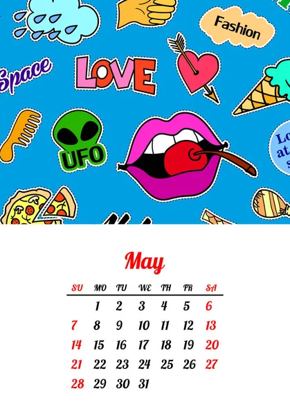 Kalender 2017 In cartoon 80s 90s komische stijl mode patches, pinnen en stickers. Popart vectorillustratie. Trendy kleuren — Stockvector