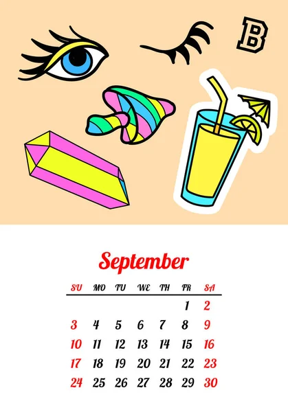 Kalender 2017 im Comic-Stil der 80er-90er Jahre mit modischen Patches, Pins und Aufklebern. Pop Art Vektor Illustration. Trendfarben — Stockvektor