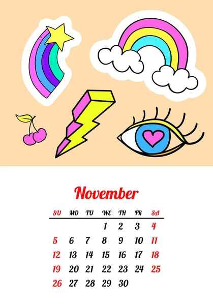 Kalender 2017 im Comic-Stil der 80er-90er Jahre mit modischen Patches, Pins und Aufklebern. Pop Art Vektor Illustration. Trendfarben — Stockvektor