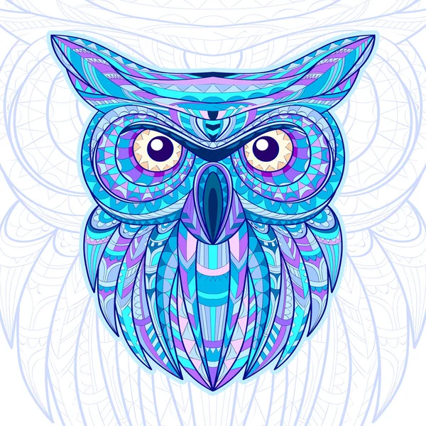 Detailed hand drawn doodle outline owl illustration. Decorative in zentangle style. Patterned fiery on the grunge background. It may be used for design a t-shirt, bag, postcard, poster and so. — Stock Vector