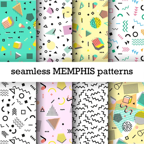 Retro vintage 80s or 90s fashion style. Memphis seamless patterns set. Trendy geometric elements. Modern abstract design. Good for textile fabric. Vector. — Stock Vector