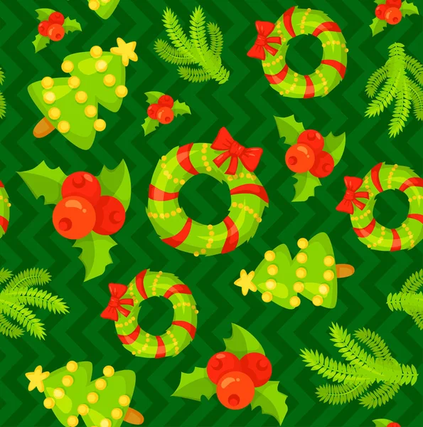 Sevimli çizgi Noel mittens, şeker kamışı, holly Karpuzu, gülümseyen Kardanadam ve kırmızı çorap xmas ağacı yeni yıl geleneksel semboller ile Seamless modeli. simgeler nesneleri.