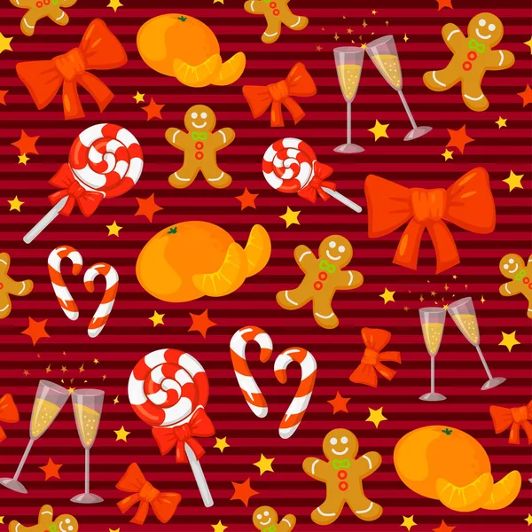 Απρόσκοπτη μοτίβο με γάντια Χριστούγεννα χαριτωμένο καρτούν, από ζαχαροκάλαμο καραμέλα, holly μούρα, χαμογελαστός χιονάνθρωπος και κόκκινη κάλτσα δέντρο Χριστούγεννα Πρωτοχρονιά παραδοσιακά σύμβολα. εικόνες αντικειμένων. — Διανυσματικό Αρχείο