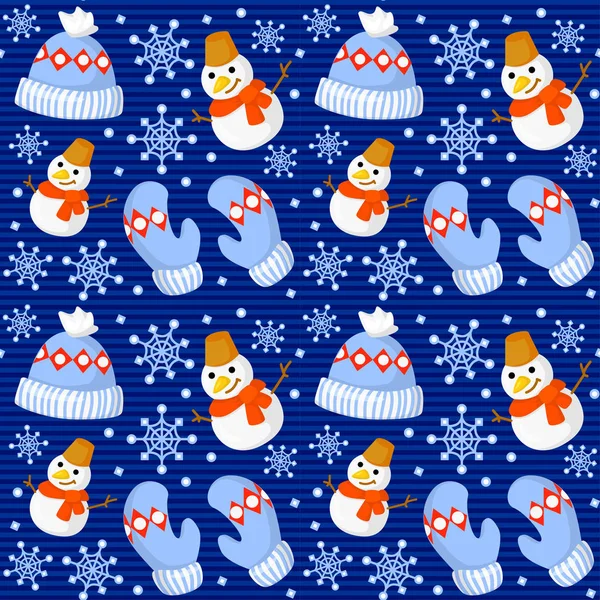 Sevimli çizgi Noel mittens, şeker kamışı, holly Karpuzu, gülümseyen Kardanadam ve kırmızı çorap xmas ağacı yeni yıl geleneksel semboller ile Seamless modeli. simgeler nesneleri. — Stok Vektör