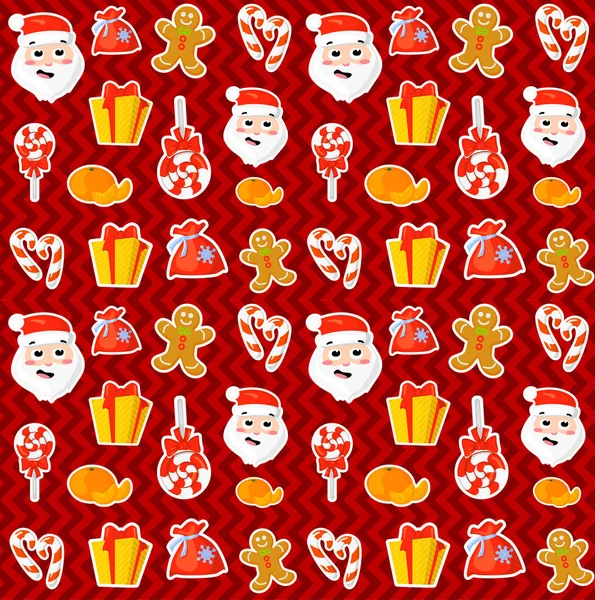 Patrón sin costuras con lindos mitones de Navidad de dibujos animados, bastón de caramelo, bayas de acebo, muñeco de nieve sonriente y árbol de Navidad media roja Nuevos símbolos tradicionales año. iconos objetos . Ilustraciones De Stock Sin Royalties Gratis
