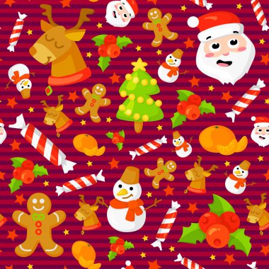 Sevimli çizgi Noel mittens, şeker kamışı, holly Karpuzu, gülümseyen Kardanadam ve kırmızı çorap xmas ağacı yeni yıl geleneksel semboller ile Seamless modeli. simgeler nesneleri.
