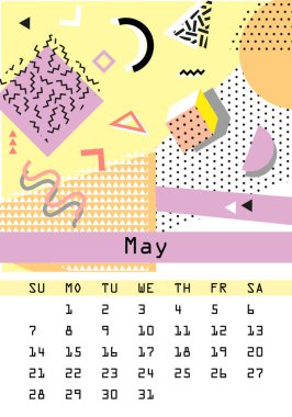 Takvim 2017. Retro vintage 80s veya 90'lı yılların moda stil. Memphis kartları. Trendy geometrik öğeleri ve renkler.