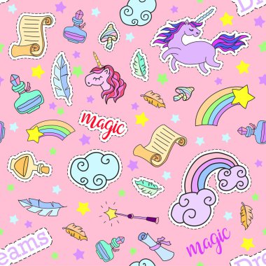 Seamless pattern with unicorns, rainbow, stars, clouds and other magic elements.Vector background  stickers, pins, patches in cartoon 80s-90s comic style. vector
