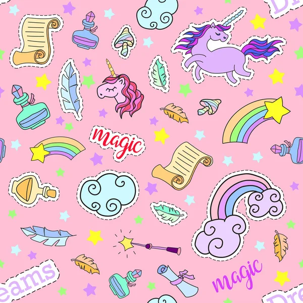 Seamless pattern with unicorns, rainbow, stars, clouds and other magic elements.Vector background  stickers, pins, patches in cartoon 80s-90s comic style. Royalty Free Stock Vectors