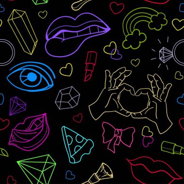 Doodle elemanları ile sorunsuz vektör neon desen. Pop art. Eller, dudaklar, gözler, elmas ve diğer.