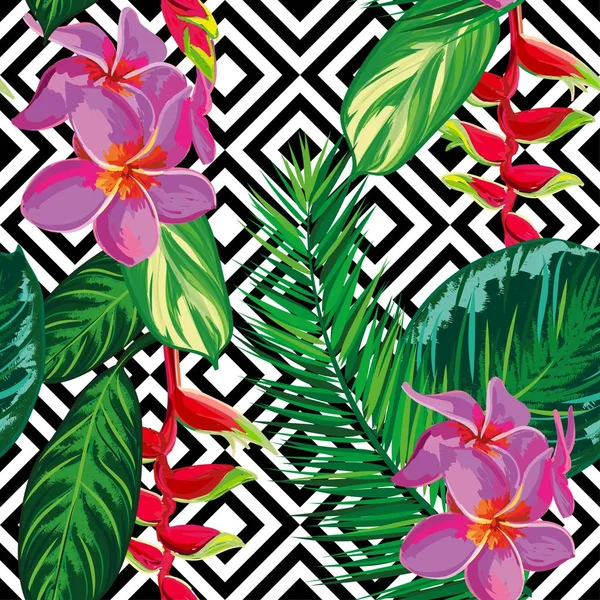 ヤシの葉と花を持つ美しいシームレスな熱帯ジャングル花柄背景です。抽象的なストライプの幾何学的なテクスチャー — ストックベクタ