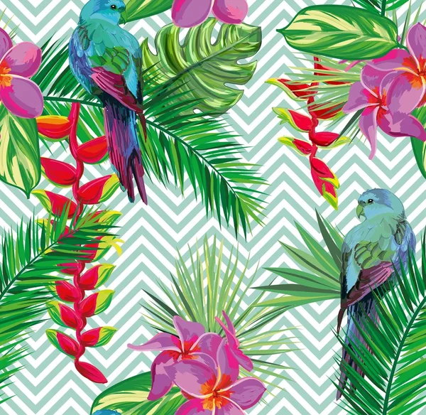 Schöne nahtlose tropische Dschungel Blumenmuster Hintergrund mit Palmblättern, Blumen und Papageien. abstrakte gestreifte geometrische Textur — Stockvektor