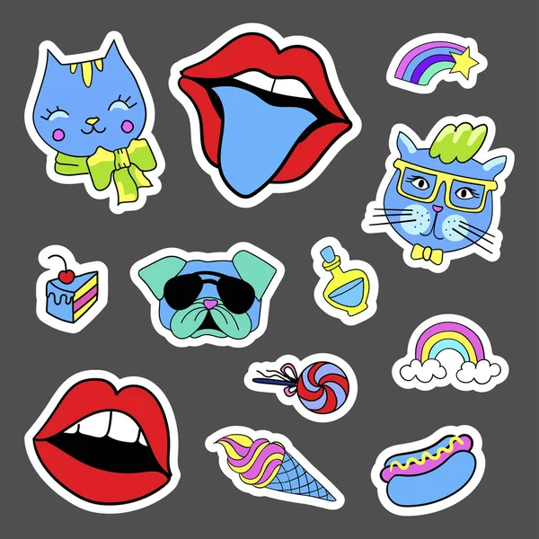 Módní bizarní kreslených doodle patch odznaky s roztomilý prvky. Sada nálepek v komické stylu 80s 90s. Kočky, rty, pes a rainbow. — Stockový vektor
