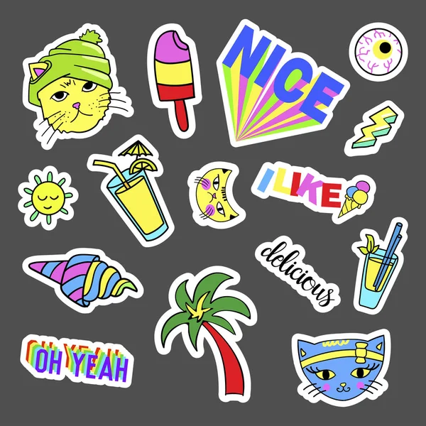 Módní bizarní kreslených doodle patch odznaky s roztomilý prvky. Sada nálepek v komické stylu 80s 90s. Kočky, palm, zmrzlina, koktejly. — Stockový vektor