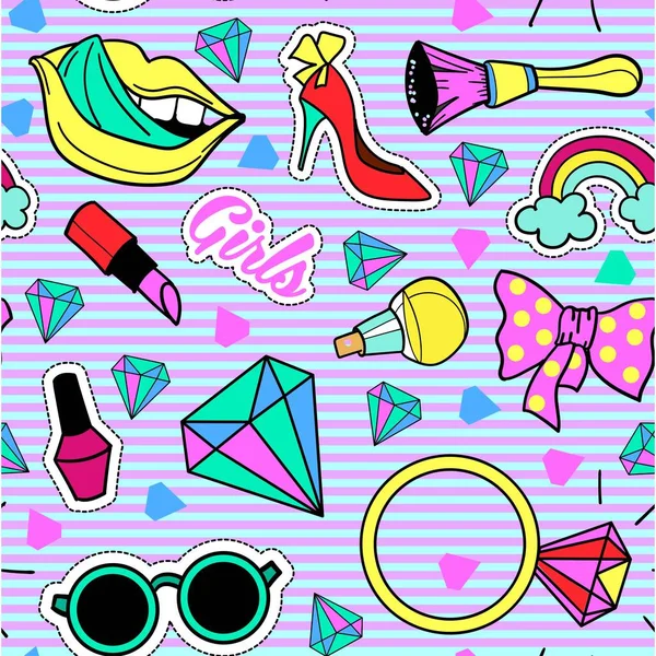 Seamless vector pattern with fashion patch badges. Pop art. Stickers, pins, patches in cartoon 80s-90s comic style. Trendy strips. — Stock Vector