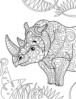 Zentangle stilize gergedan çizgi filmi, beyaz arka planda izole. Yetişkin stres önleyici renk sayfası için el çizimi çizimi,