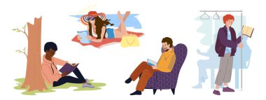 İnsanlar çizgi film karakterleri seti okuyor. Düz vektör çizimleri paketi. Çeşitli insanların farklı pozlar ve durumlarda kitap okuduğu kitap severler hakkında vektör çizimleri..