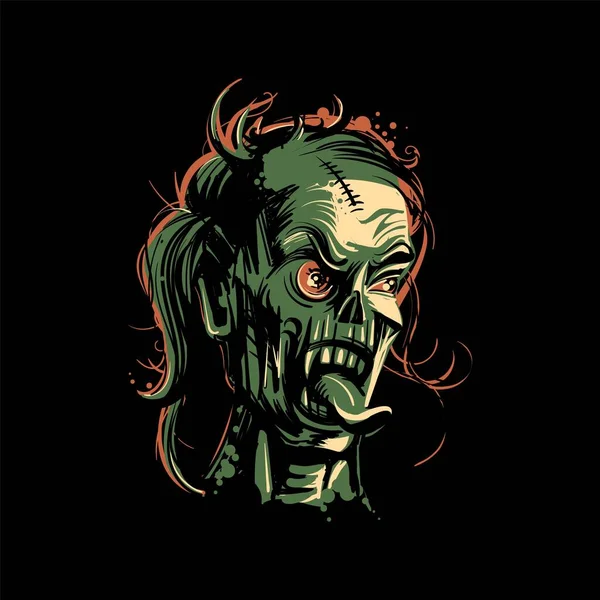 Retrato de mujer zombi sobre fondo negro para Halloween. Diseño de camiseta. Estampado de horror Vector De Stock