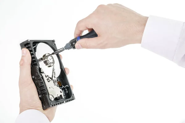 Mannens hand håller öppen 3,5 Hdd. Stockbild