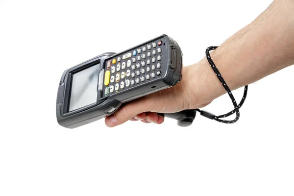 Man's hand holding a barcode scanner. — Stock Photo, Image