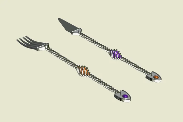 元 Cad デザインのナイフとフォークの全室スパイラル ハンドルおよび宝石石 — ストック写真