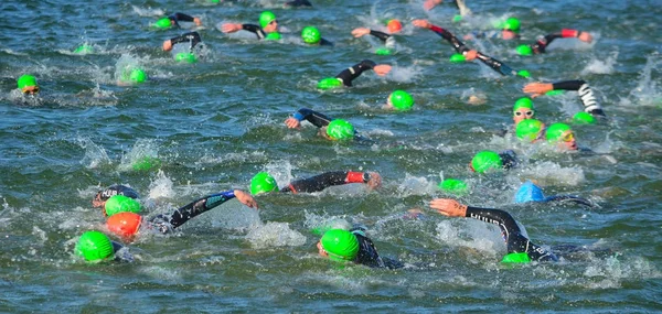 Grafham, Cambridgeshire, İngiltere - 21 Mayıs 2017: triatlon başında Yüzme aşamasının sonunda Yüzme rakip. 