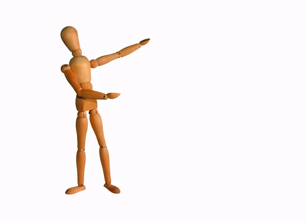Wooden Artists Manikin Pointing Copy Space White Background — Stock Photo, Image