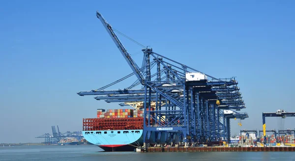 FELIXSTOWE, SUFFOLK, İngiltere - 20 Nisan 2019: Felixstowe Limanı 'nda büyük konteyner gemisi yükleniyor.