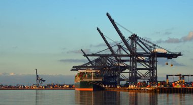Felixstowe, Suffolk, İngiltere - 09 Kasım 2019: Akşam erken saatlerde Felixstowe Rıhtım Turnaları ve Konteyner Gemileri.