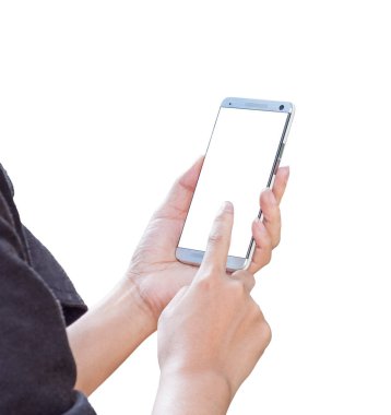 El ve beyaz arkasında izole dokunmatik mobil akıllı telefon