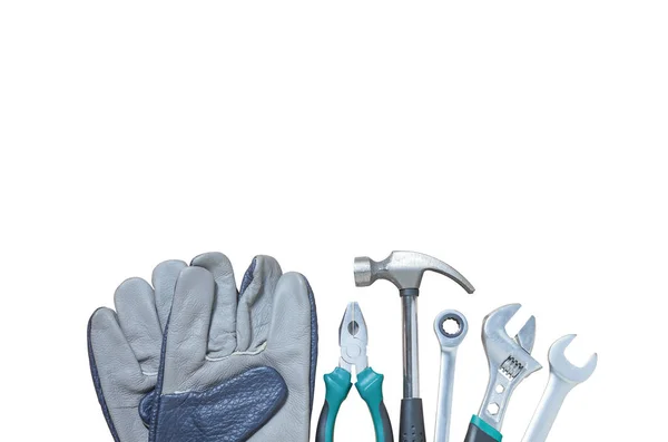 Safety gloves and tools isolated on white background, set of tools — Stock Photo, Image