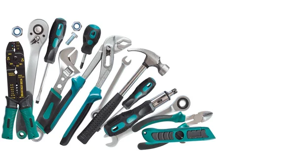 Uppsättning verktyg, många verktyg isolerad på vit bakgrund — Stockfoto