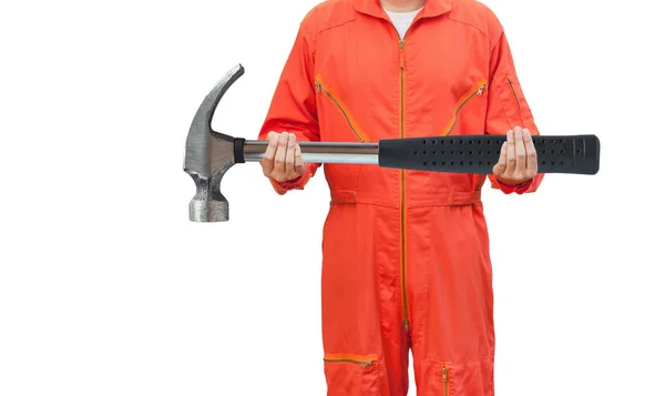 Mechanic holding a big hammer on white background — Stock Photo, Image