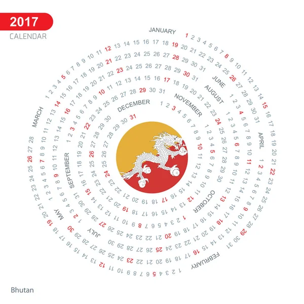 2017 r. kalendarz z flaga Bhutanu — Wektor stockowy