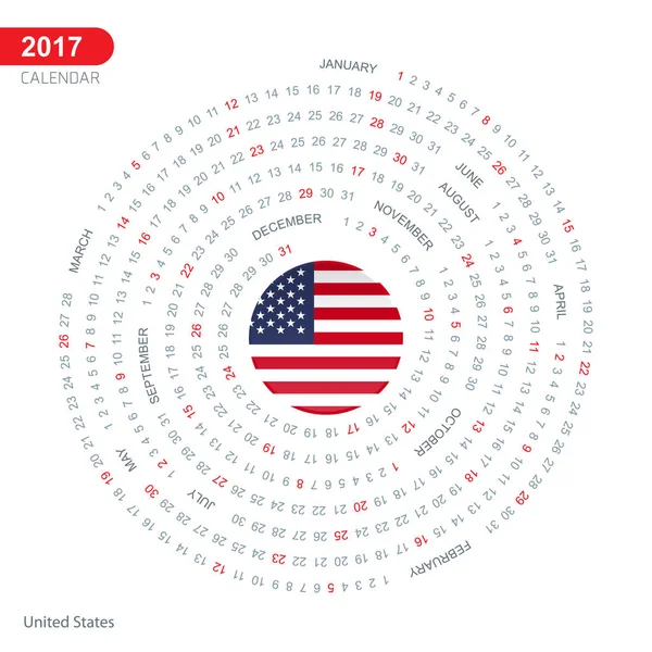 Календарь 2017 года с флагом США — стоковый вектор
