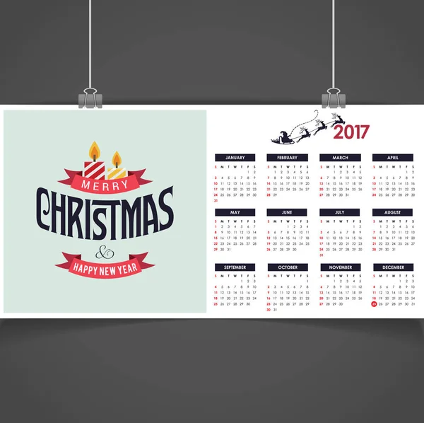 2017 Printable Christmas calendar — Stock Vector