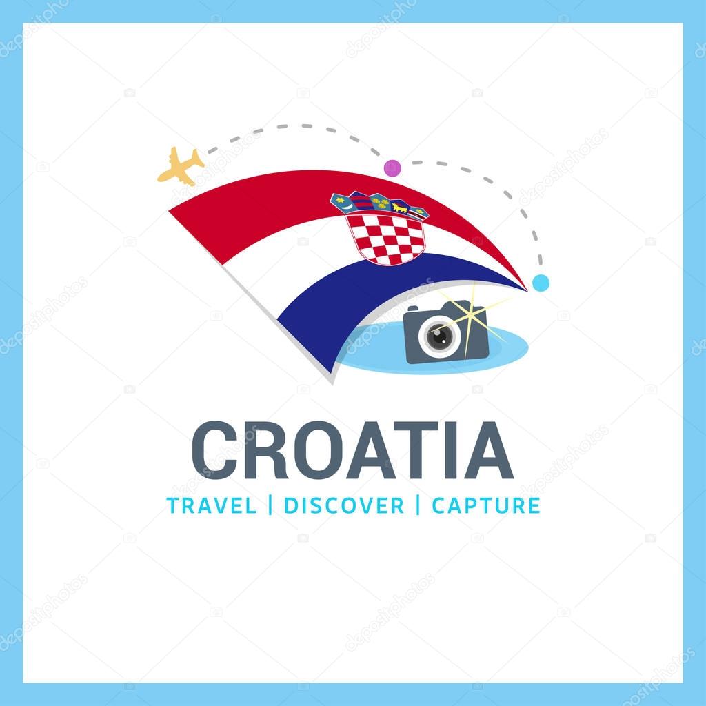 Croatia national flag logo illustration with text travel, discover, capture, over white background