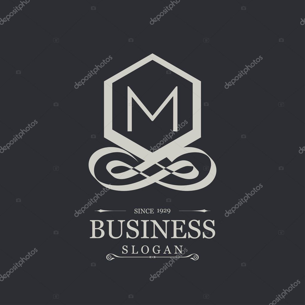 Business logotype icon with letter M on black background, vector illustration