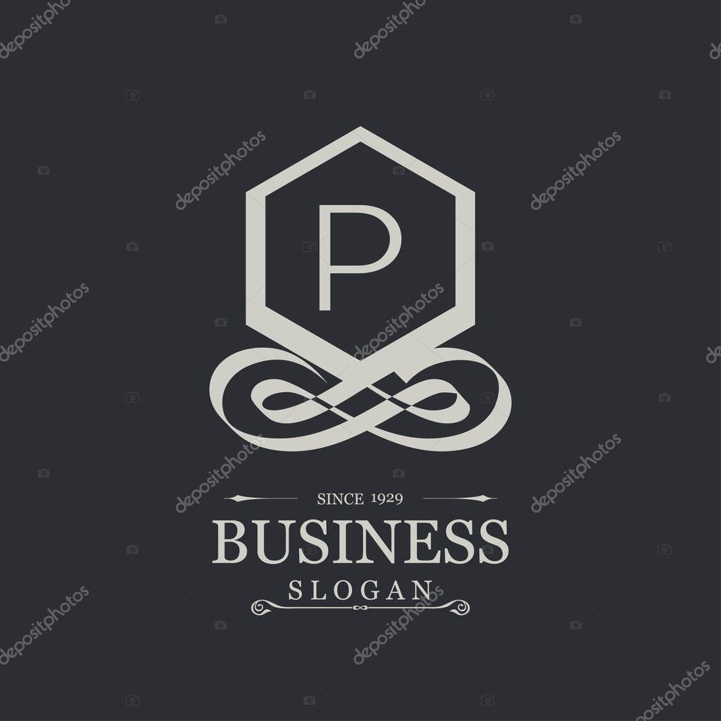 Business logotype icon with letter P on black background, vector illustration