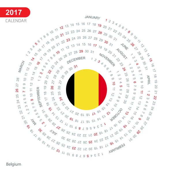 Calendario 2017 con bandera de Bélgica — Vector de stock