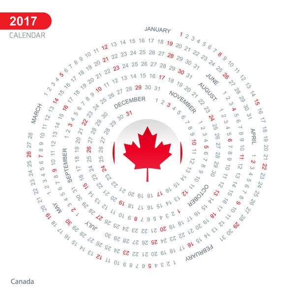 2017 calendar with Canada flag